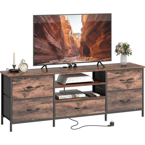 140 cm breites TV-Möbel mit integrierter Ladestation, 5 Stoffschubladen und offenen Regalfächern, braun, 140 x 30 x 50 cm