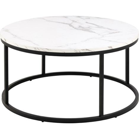 Mesa de centro Norsica 692, Negro + Mármol blanco, 40x0x0cm, Diámetro: 80, MDF, Redonda