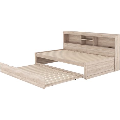 Cama diván 90 x 200 cm con LED, cama nido, almacenaje lateral y puerto USB, natural (1/5)