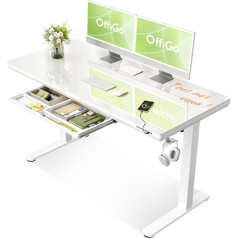 Bureau Assis Debout en Verre avec Tiroir 140×60 cm, Blanc (1/5)