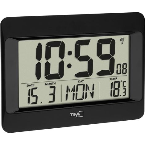 Horloge Murale numérique, 60.4519.01, avec température intérieure, Jour de la Semaine (réglable en français et 7 Autres Langues), Date, réglage du Fuseau horaire, Noir