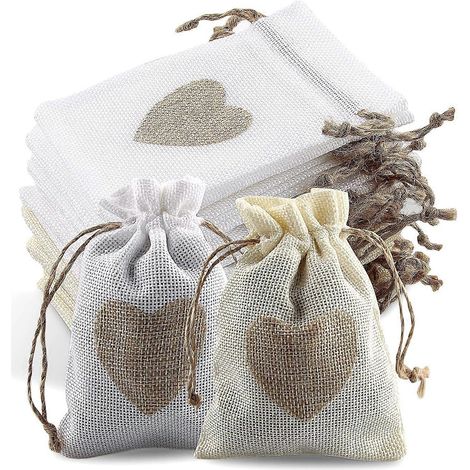 Lot de 24 pochettes en toile de jute avec cordon de serrage et motif cœur, idéales pour offrir des bonbons, des baptêmes ou des cadeaux lumineux pour mariage. (1/4)