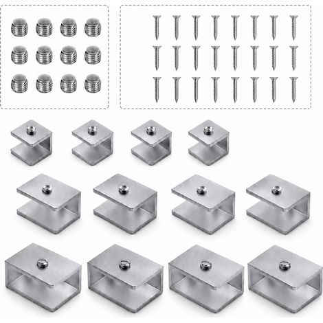 Lot de 12 pinces de verre carrées en aluminium, tailles S, M et L, pour panneaux 6-12 mm, avec vis, finition argent (1/5)