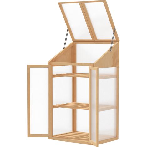 Mini-serre en bois avec cadre en bois, fenêtre et double porte, 3 étagères, 70 x 50 x 120 cm, marron (1/5)
