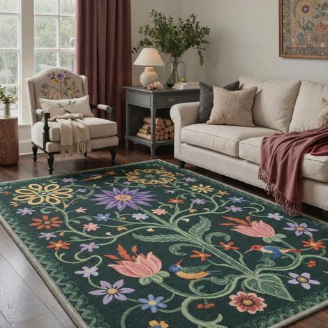 Tapis Salon Vintage 160x230cm Lavable en Machine Rug AntidéRapant Poil Ras, pour Chambre Salle a Manger Descente de Lit Bureau, Cuisine,Jardin Exotique Vert Sapin (1/5)
