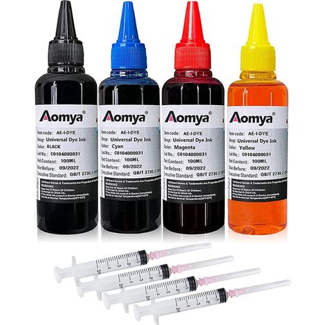 Kit d'encre de Recharge Universel 400 ML pour imprimantes HP Canon Epsn Brother Cartouches d'encre Rechargeables CISS 4 Couleurs avec 4 seringues (BK, C, M, Y) (1/5)