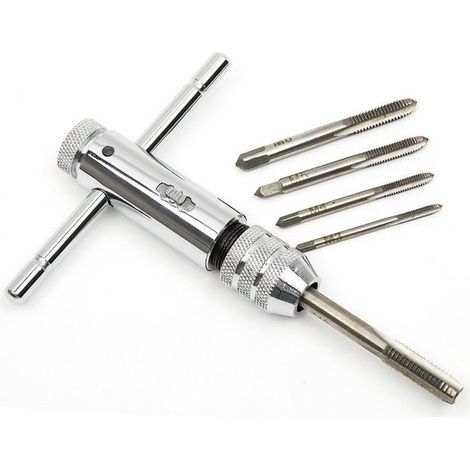 Llave de trinquete ajustable plateada con mango en T, con 5 machos de roscar métricos M3-M8 de 3 mm a 8 mm. (1/4)
