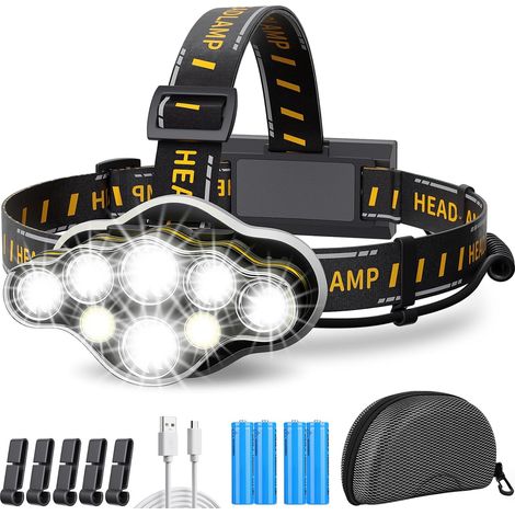 Lampe Frontale Led Ultra Puissante,18000 Lumens 8 Led 8 Modes Lampe Frontale Led Rechargeable USB 90° RéGlable Ipx4 ÉTanche,Torches Frontales Parfait Pour Camping, Pêche, Cave, Jogging Et Randonnée (1/5)