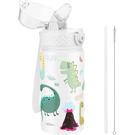 Kinder Trinkflasche Edelstahl 420ml mit Strohhalm, auslaufsicher, BPA-frei, Dinosaurier-Design (1/5)