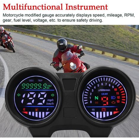 Compteur de vitesse de moto à LED, odomètre 13 000 tr/min, 199 km/h, tachymètre électrique, jauge de carburant, voltmètre 12 V avec affichage de vitesse, indicateur lumineux, alarme clignotante. (1/5)