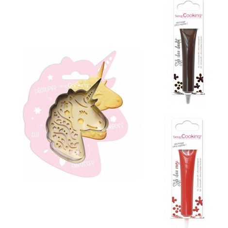 Kit pour biscuit en relief Licorne + 2 Stylos au chocolat marron et rouge