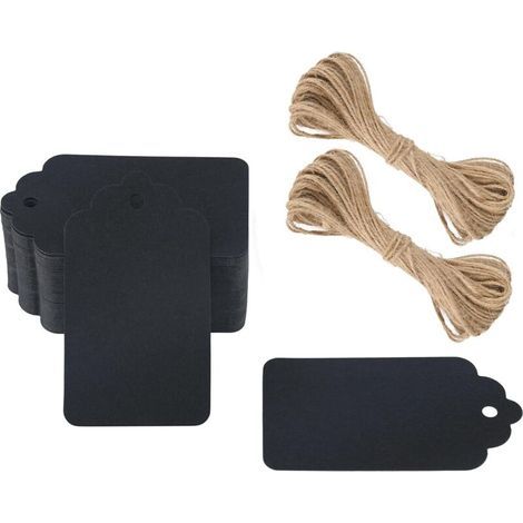 Confezione da 100 etichette regalo in carta kraft bianca, 5 cm x 3 cm, con 20 metri di spago di iuta, ideali per lavori creativi e matrimoni (nere). (1/4)