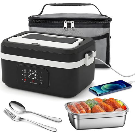 Boîte à lunch chauffante à piles, boîte à lunch électrique rechargeable avec fonction de chauffage programmable, chauffe-plats de voiture en acier inoxydable de 1 litre, comprenant des couverts et un (1/5)