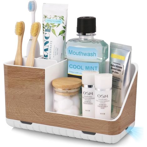 Porte Brosses à Dents, Support Brosse a Dent Electrique, Organisateur Salle De Bain, Détachable pour La Support Salle De Bain avec Drainage pour La Famille, Les Enfants (Wood Grain) (1/5)