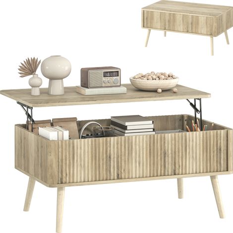 Table basse relevable, chêne, 91 x 56 x 43 cm, table de salon avec 2 compartiments cachés et pieds en pin