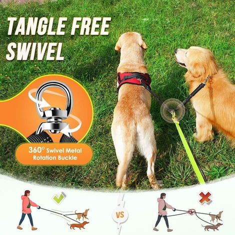 Séparateur de laisse double pour chien, sans enchevêtrement, rotation à 360°, coupleur de laisse pour chien pour promener 2 chiens, double laisse réfléchissante absorbant les chocs réglable pour deux, (1/4)