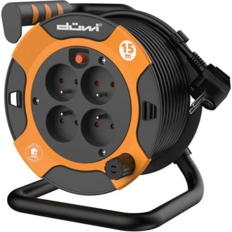 Carrete de cable alargador de 4 tomas H05VV-F 3G1.0, 15 m, naranja-negro / 24622