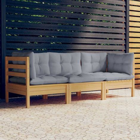 Canapé fixe 3 places de jardin Canapé relax - Banc de jardin et coussins gris Bois de pin solide BV224535 - BonneVie (1/5)