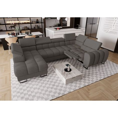 Wohnlandschaft Schlafsofa BASTIEN RELAX in Stoff Aragon Dunkelgrau Ottomane Links