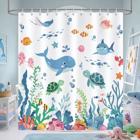 Rideau de douche enfants 180x180 cm, motif baleine, tortues, poissons et corail. Polyester im - Enfant-2 180L X 180H cm (1 Panneaux) (1/5)