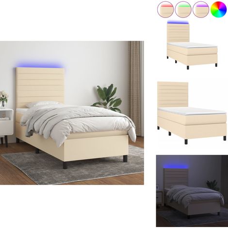 Boxspringbett mit Matratze & LED Creme 90x190 cm Stoff - Boxspringbett - Doppelbett - Schlafraumgestaltung - Cremefarbenes Bett - Bettauflage (1/5)