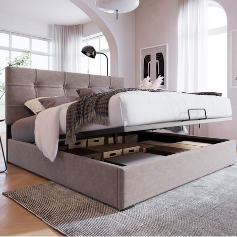Cama 140x200 cm de terciopelo gris claro, con almacenaje, para ordenar, sin colchón – MEUBLIV (1/5)