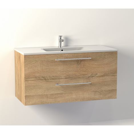 Sanitaire – Meuble double vasque suspendu 100 cm – Bois clair – 2 tiroirs avec ralentisseurs – Vasque centrée en céramique blanche