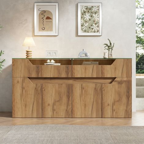Credenza con piano in vetro temperato, 140x40x70 cm, cassettiera effetto legno con 2 cassetti, mobile contenitore in MDF per sala da pranzo e soggiorno, portata 30 kg (1/5)