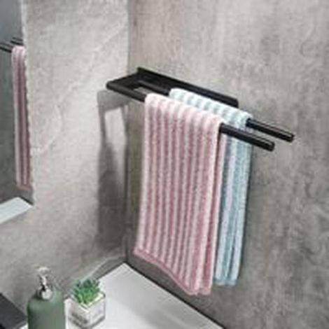 Porte-serviettes mural adhésif double bras en acier inoxydable noir pour salle de bain et cuisine (1/3)