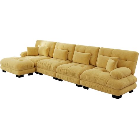 Sofá esquinero modular en L de chenilla amarilla con otomana móvil, 4 plazas (1/5)