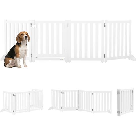 Cancelletto di sicurezza per cani in legno pieghevole a doppia faccia, 4 pannelli con porta, piedini di supporto, 205 x 60 cm, bianco (1/5)