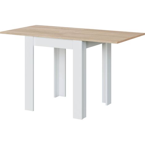 Pegane – Table extensible chêne canadien / blanc artic – Dimensions 79 cm x 67/134 cm x 67 cm – Surface en mélaminé haute qualité – Guides coulissants métal