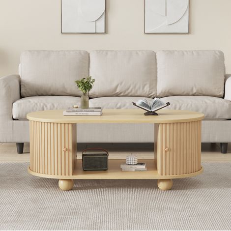 MEUBLIV Conjunto mueble TV y mesa de centro ovalada en MDF efecto madera clara con almacenaje (1/5)