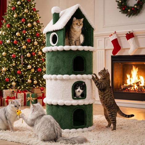 Arbre à chat à plusieurs étages - 150 cm - Arbre à chat avec grand lit de repos et maison confortable - Arbre à escalade stable pour chats - Vert (1/5)