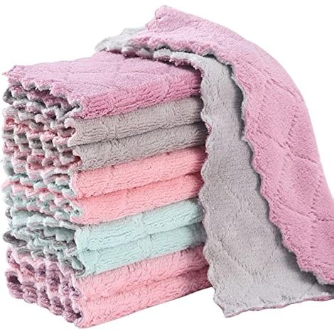 Lot de 10 torchons de cuisine super absorbants en velours corail, anti-adhésifs, lavables à l'huile, séchage rapide, torchons double face, utilisés pour la table, le verre, les pattes (1/5)