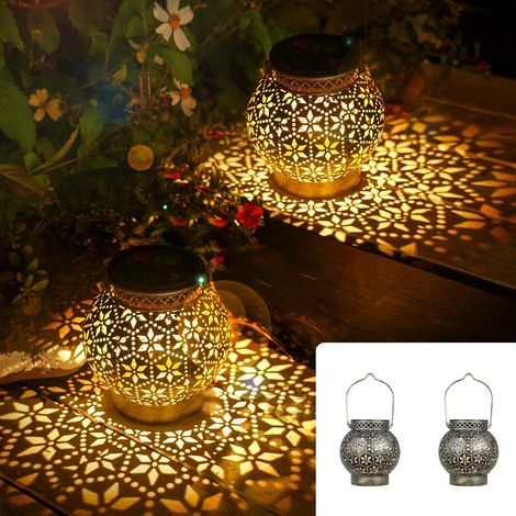 Lot de 2 lanternes solaires en métal pour extérieur, étanche IP65, fleur de diamant, blanc chaud, lanterne solaire d'extérieur, suspension vintage pour terrasse, cour (1/5)