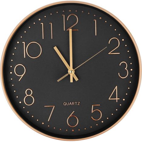 Horloge murale silencieuse 25cm – Cadran noir avec chiffres dorés – Miroir en verre haute définition – Design moderne or rose (1/5)