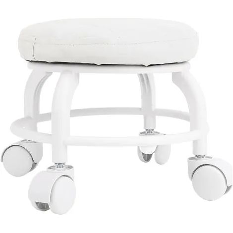 Tabouret bas à roulettes pivotant en cuir PU, silencieux, avec roulettes basses, pour la maison, le bureau, le garage ou l'atelier (blanc). (1/3)