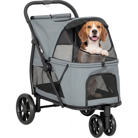 Voiturette pliante pour chien à 3 roues Fenêtres en treillis Coussin lavable Charge tout terrain 20 kg 92 x 63 x 95 cm Gris