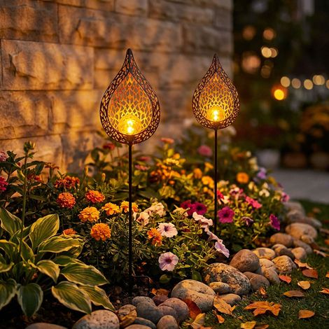 2er Set LED Solar Außen Lampe Flammen Optik Glas Kugel Steck Strahler gold Garten Erdspieß Lampen