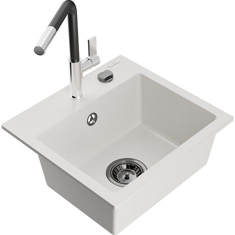 Mexen Milo lavello in granito a 1 vasca con miscelatore da cucina Flora, bianco - 6505-20-670401-07-B (1/5)