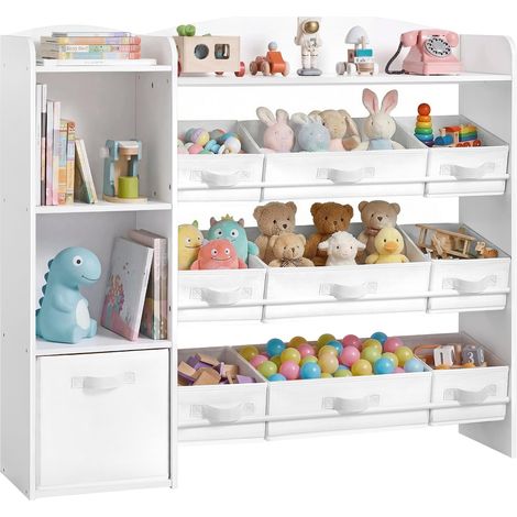 Étagère à Jouets pour Enfants, Meuble de Rangement Esprit Montessori, 2 Compartiments Ouverts, 9 Paniers, 1 Bac, pour Chambre d’Enfant, 30 x 113,1 x 104 cm, Blanc Nuage (1/5)