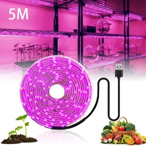 LED lampe pour plante 5V, Lampe LED horticole croissance floraison, Lampe de culture pour plantes spectre complet avec USB, Bande lumineuse croissance plantes intérieur 5M, étanche (1/5)