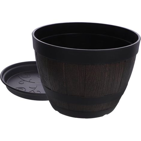 Jardinière Tonneau en Plastique Imitation Bois 29 Cm Soucoupe pour Plantation Légumes et Fleurs, Pot Extérieur Balcon Terrasse, Jardinière Rétro Respirante et Solide (1/5)