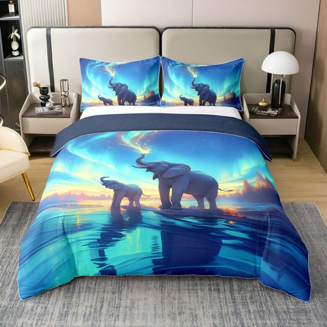 Housse de couette 100 % coton - Motif éléphants - 155 x 220 cm - Motif animaux - Ciel étoilé - Animaux sauvages 3D - Pour chambre à coucher - Bleu jaune - Imprimé animaux et étoiles - Pour enfants (1/5)