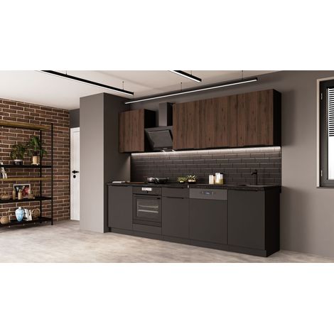 Küche SIENA + MONZA BASIC 280 cm Küchenzeile Küchenblock Einbauküche Nussbaum Okapi + Schwarz matt