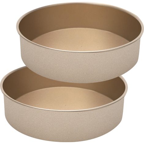 Lot de 2 moules à gâteau, ronds, en acier inoxydable, avec revêtement antiadhésif, pour gâteaux, brownies, gâteaux, lasagnes, dorés (1/5)