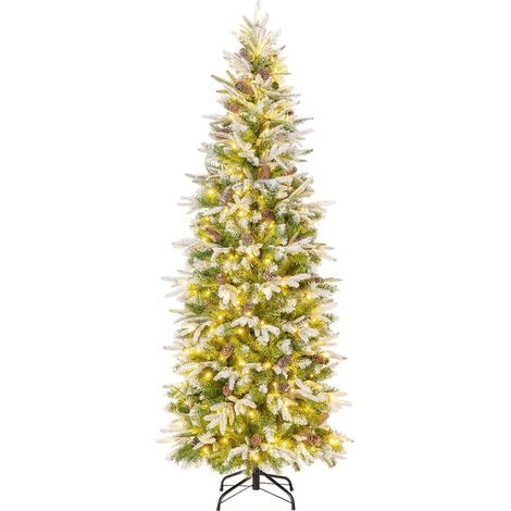 COSTWAY Albero di Natale Slim Pre-Luminoso 190 CM, Albero di Natale Artificiale Innevato con 280 Luci LED Bianche Calde, Rami Articolati e 671 Punte e 60 Pigne, Ideale per Casa, Negozio e Ufficio (1/5)