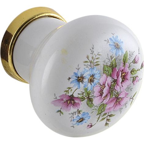 Bouton de meuble Cary Ø 28 mm – Poignée de meuble avec fleurs – Bouton de porte, porcelaine, laiton poli