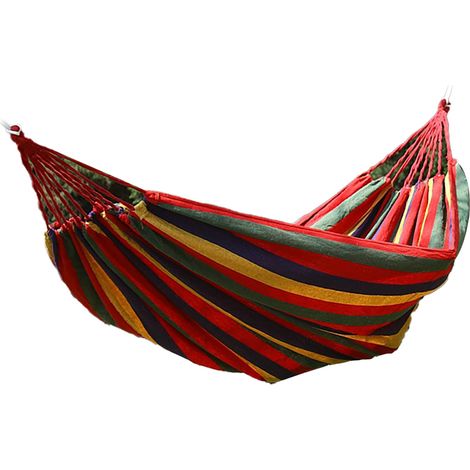 Hamac de jardin en polyester et coton, simple ou double, supportant jusqu'à 200 kg, anti-basculement, portable, pour le camping, l'intérieur, la terrasse ou le jardin (rouge). (1/3)
